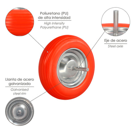 Rueda Carretilla Obra / Jardin Maciza Llanta Acero "Plus" Naranja Impinchable, Para Eje Ø 19 mm Rueda Ø 35 cm