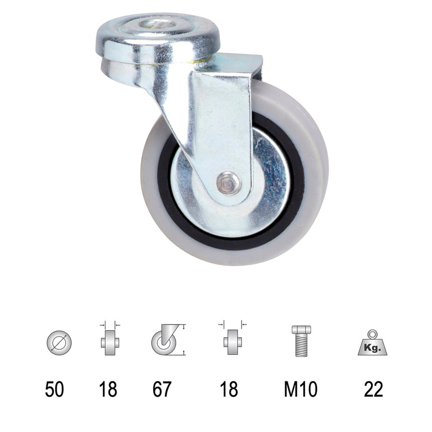 Roda de borracha cinza com 50 mm de diâmetro.