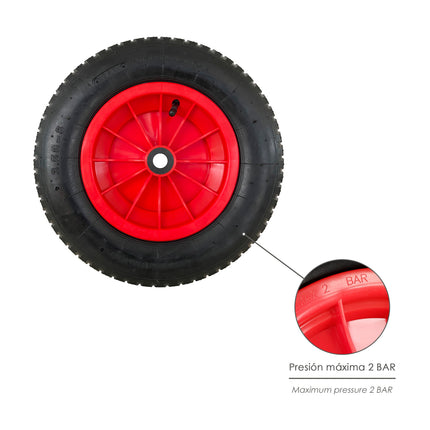 Greenhouse Wheelbarrow Wheel Pneumatic Plastic Rim, Ø 370 mm. Axle Ø 20 mm.