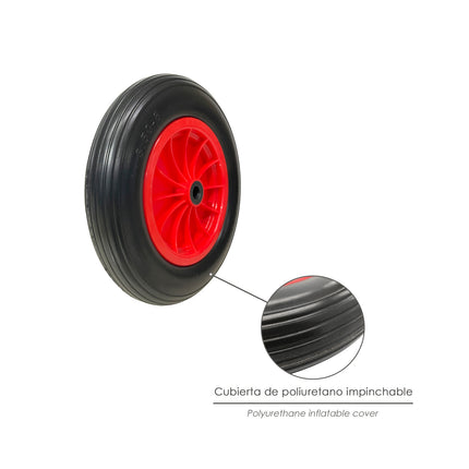 Greenhouse Wheelbarrow Wheel Polyurethane Puncture-proof Plastic Rim, Ø 360 mm. Axle Ø 20 mm.