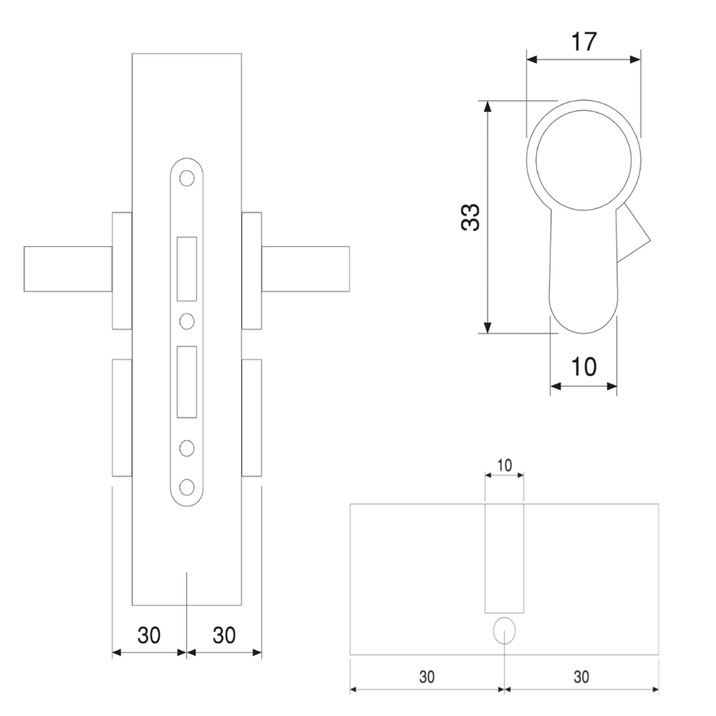 Emuca Lot of 5 pear-type lock cylinders for doors, 30x30mm, long cam, with keys, Aluminum, Satin nickel