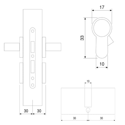 Emuca Lot of 5 pear-type lock cylinders for doors, 30x30mm, single clutch, long cam, with keys, Aluminum, Satin nickel