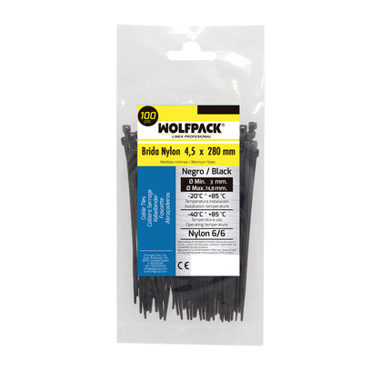 100% Nylon Cable Tie. Black Color 4.5 x 280 mm. Bag of 100 units. Plastic Clamp, Cable Organizer, High Resistance