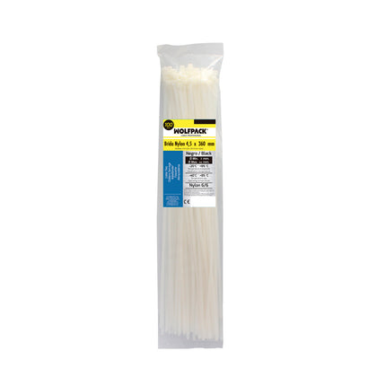 100% Nylon Cable Tie. White / Natural Color 4.5 x 360 mm. 100 Pieces. Plastic Clamp, Cable Organizer, High Resistance