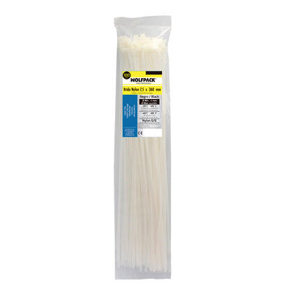 Brida Nylon 100%. Color Blanco / Natural 7,5 x 360 mm. 100 Piezas. Abrazadera Plastico, Organizador Cables, Alta Resistencia