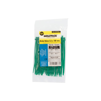 Brida Nylon 100%. Color Verde 2,5 x 100 mm. Bolsa 100 Unidades. Abrazadera Plastico, Organizador Cables, Alta Resistencia