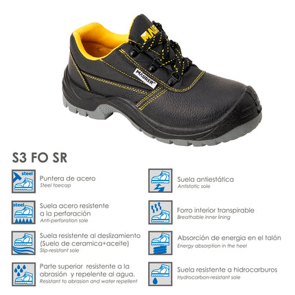 Zapato Bajo Seguridad Maurer S3 Modelo Capua Antideslizante Con Suela y Puntera Antiperación y Resistencia A Hidrocarburos Nº 37 (Par)