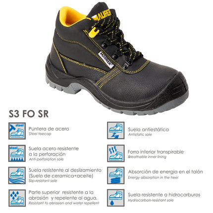 Botas Seguridad Maurer S3 Modelo Capua Antideslizante Con Suela y Puntera Antiperforación y Resistencia A Hidrocarburos Nº 45. (Par)