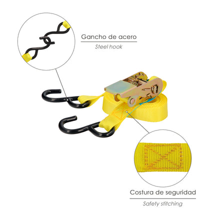 Cinta De Amarre Con Ratchet 4,5 metros x 25 mm. Trinquete Metalico Automatico, Cincha, Eslinga Mercancia, Correa Sujeción (2uds)
