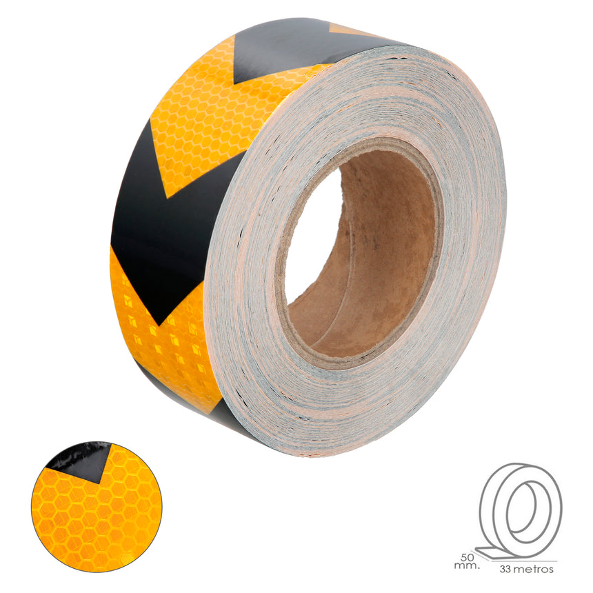Cinta adhesiva reflectante amarilla y negra 50 mm x 33 m con patrón panal