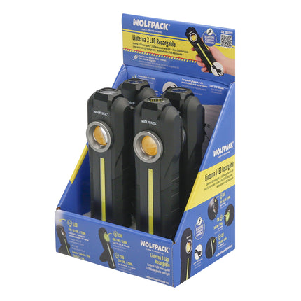 Lanterna LED profissional multifuncional recarregável por USB com 3 luzes, 95/300/250 lúmens. Com ímã, gancho e presilha para cinto.