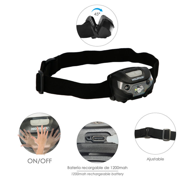 Linterna Led Frontal Cabeza Litio Usb Recargable. 3 modos de luz. 120 LUM. Sensor de encendido y apagado.