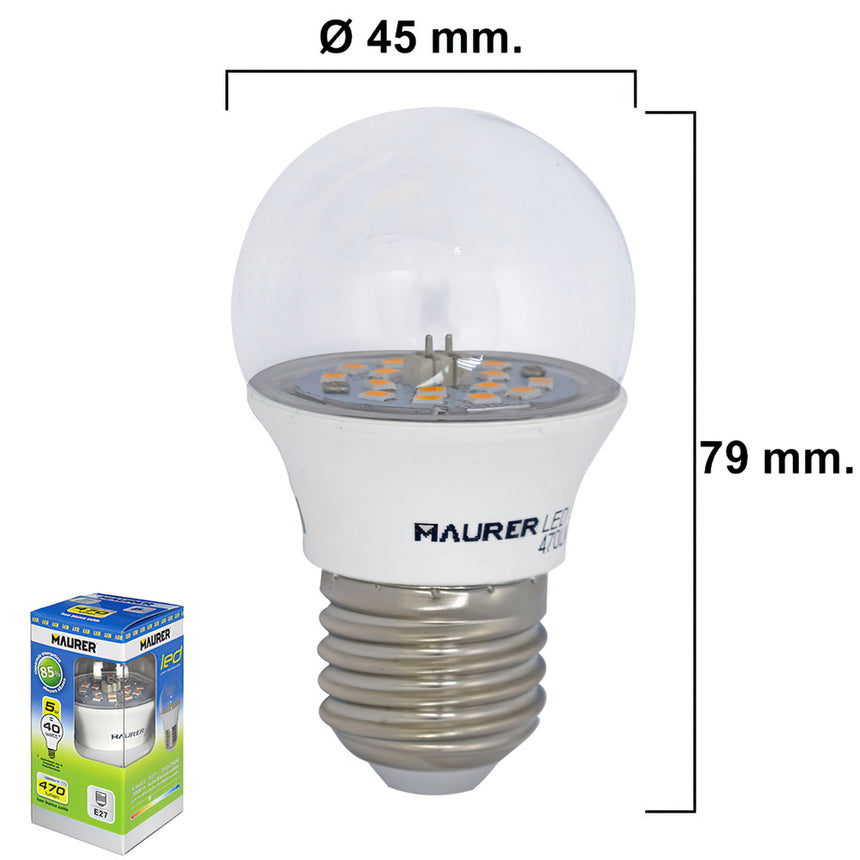 Bombilla Led Esferica Transparente Rosca E27 5 W. 40 W. 470 lúmenes.Luz calida. (3000°K).