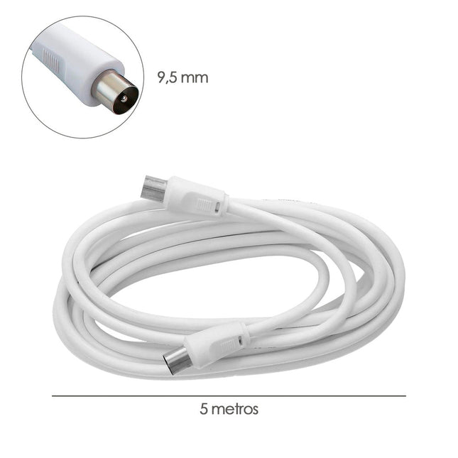 Cabo de extensão TV-Vídeo. 5 metros, conector de 9,5 mm. Com adaptador macho-fêmea.