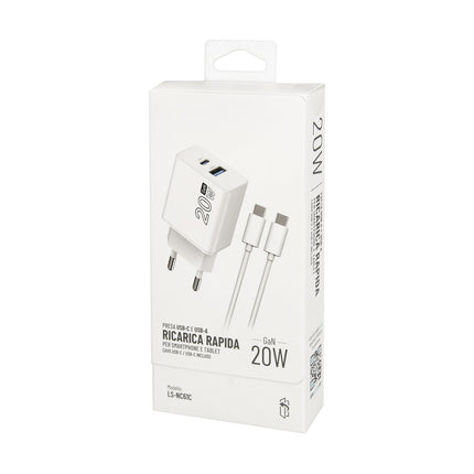 Cargador GaN 20 W. con puertos USB-A y USB-C. incluye cable USB-C a USB-C de 100 cm.