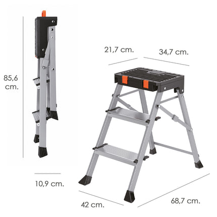 Escalerilla Multifuncional De Aluminio Con 3 Peldaños Con Cajón Portaherramientas.