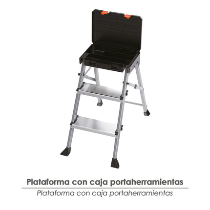 Escalerilla Multifuncional De Aluminio Con 3 Peldaños Con Cajón Portaherramientas.