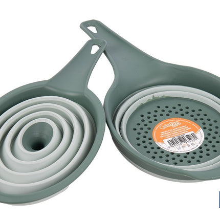 Pack de embudo y colador plegables con mango y capacidad para 0,6 litros | Color: verde | Ahorro de espacio y fácil almacenamiento