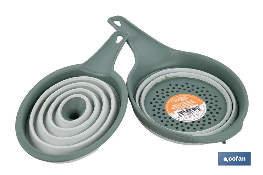 Pack de embudo y colador plegables con mango y capacidad para 0,6 litros | Color: verde | Ahorro de espacio y fácil almacenamiento