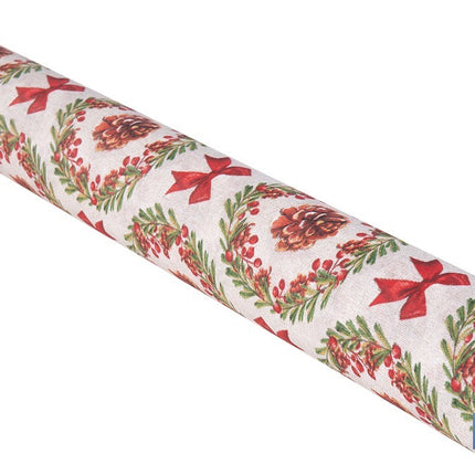 Rollo de mantel resinado antimanchas con lazos y piñas | Materiales: 75 % algodón y 25 % poliéster | Diseño navideño, fácil de limpiar