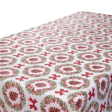 Rollo de mantel resinado antimanchas con lazos y piñas | Materiales: 75 % algodón y 25 % poliéster | Diseño navideño, fácil de limpiar