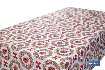 Rollo de mantel resinado antimanchas con lazos y piñas | Materiales: 75 % algodón y 25 % poliéster | Diseño navideño, fácil de limpiar