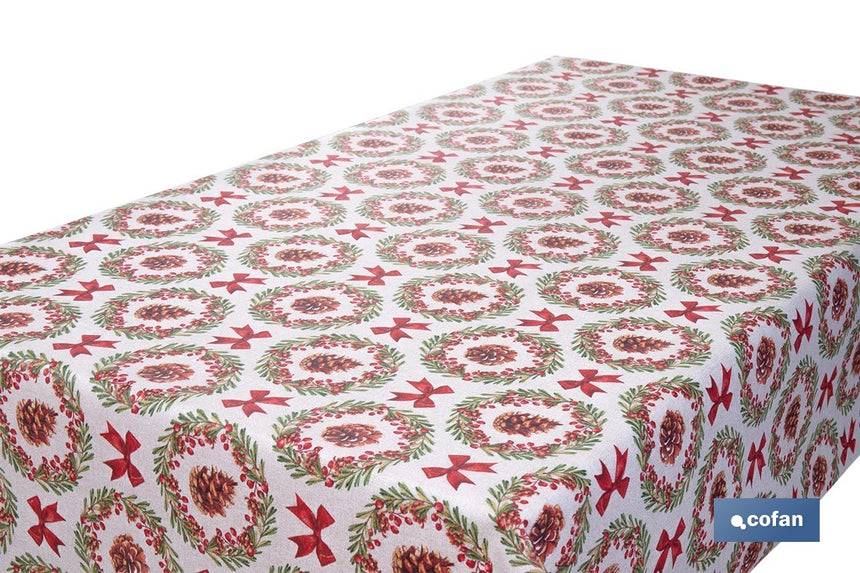 Rollo de mantel resinado antimanchas con lazos y piñas | Materiales: 75 % algodón y 25 % poliéster | Diseño navideño, fácil de limpiar