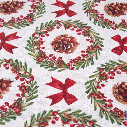 Rollo de mantel resinado antimanchas con lazos y piñas | Materiales: 75 % algodón y 25 % poliéster | Diseño navideño, fácil de limpiar