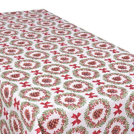 Rollo de mantel resinado antimanchas con lazos y piñas | Materiales: 75 % algodón y 25 % poliéster | Diseño navideño, fácil de limpiar