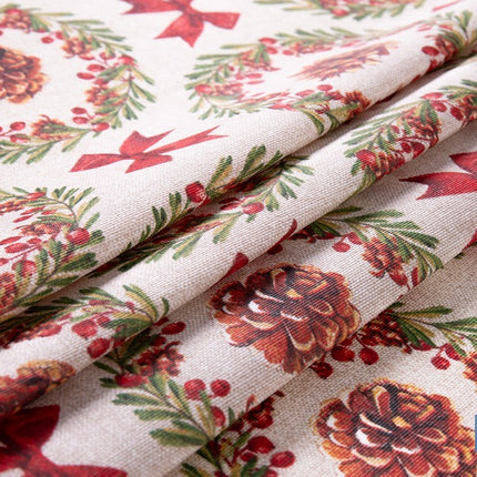 Rollo de mantel resinado antimanchas con lazos y piñas | Materiales: 75 % algodón y 25 % poliéster | Diseño navideño, fácil de limpiar