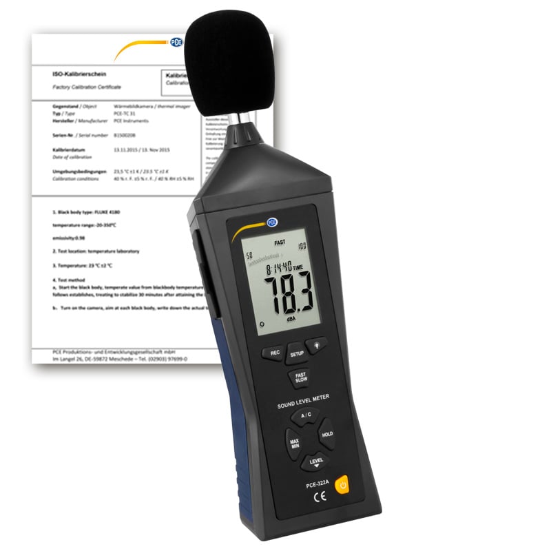 Medidor de nível sonoro PCE-322A-ICA com certificado de calibração ISO incluído.