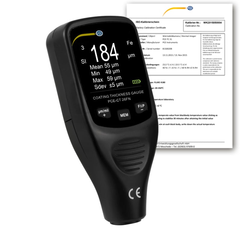 Medidor de espessura PCE-CT 26FN-ICA com certificado de calibração ISO incluído.