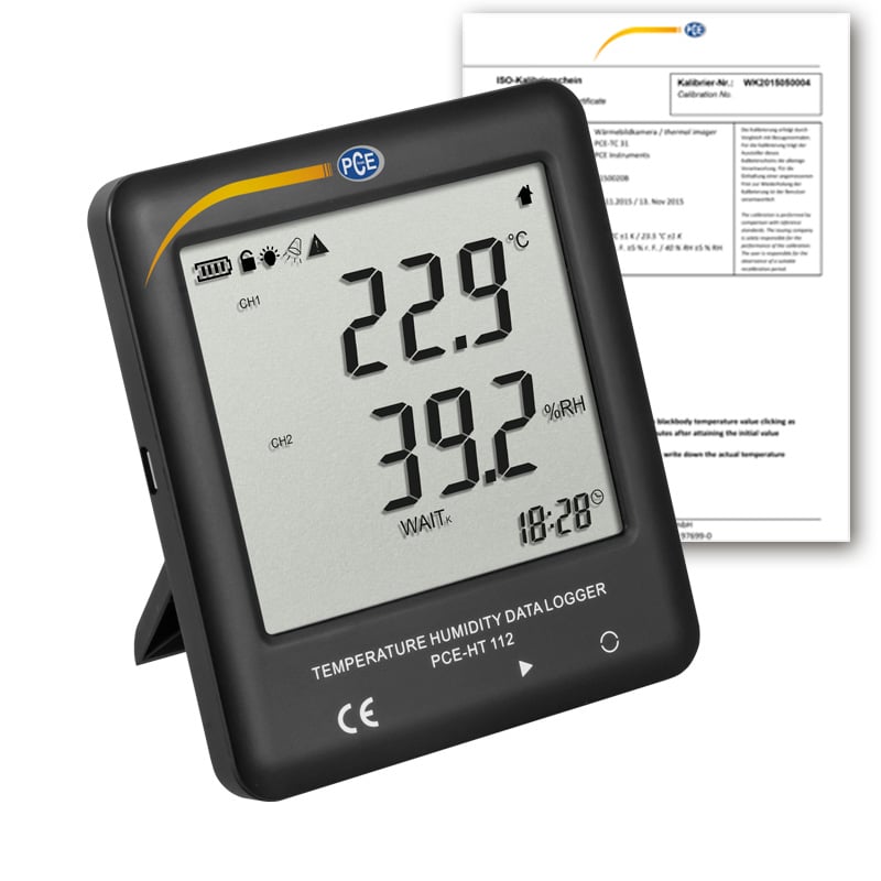 Termohigrómetro PCE-HT 112-ICA com certificado de calibração ISO incluído.