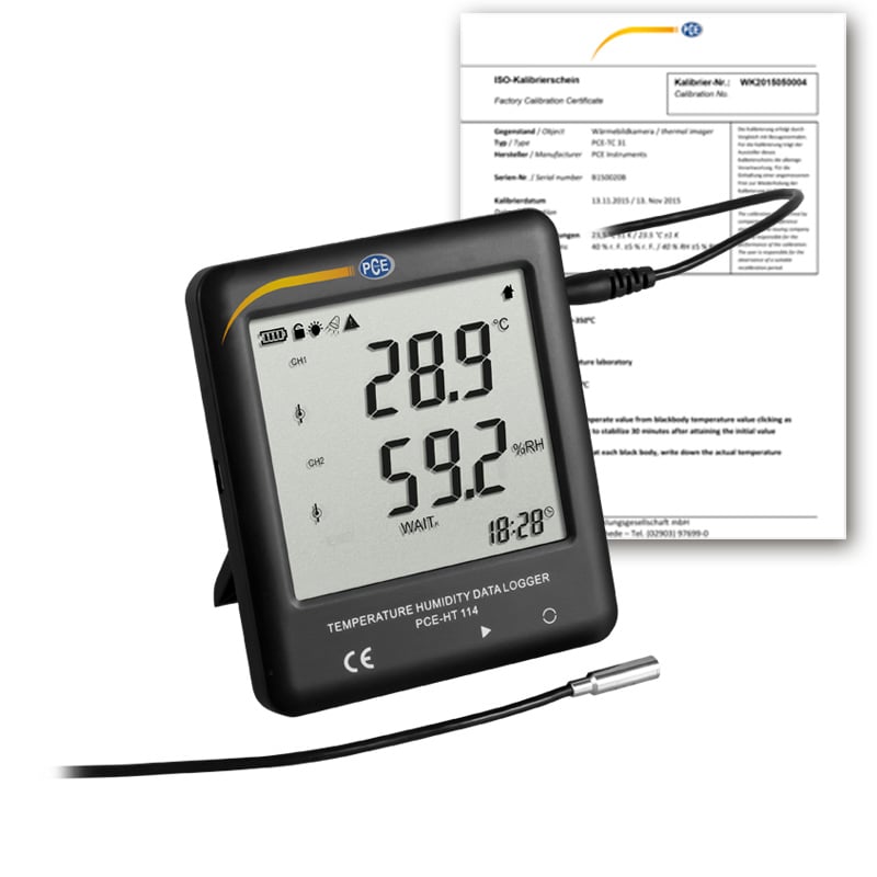Termohigrómetro PCE-HT 114-ICA com certificado de calibração ISO incluído.