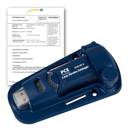 Registador de dados PCE-VD 3-ICA para aceleração, incluindo certificado ISO.