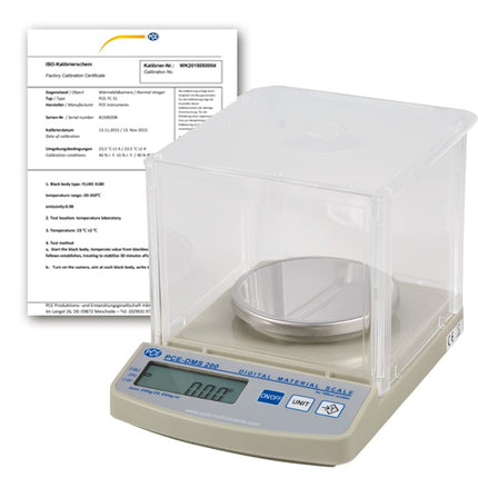 Balança de laboratório PCE-DMS 200-ICA com certificado de calibração ISO incluído.