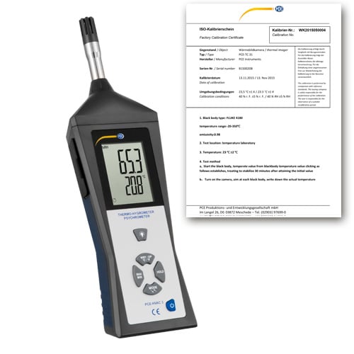 Termohigrómetro PCE-HVAC 3 com certificado de calibração ISO incluído.