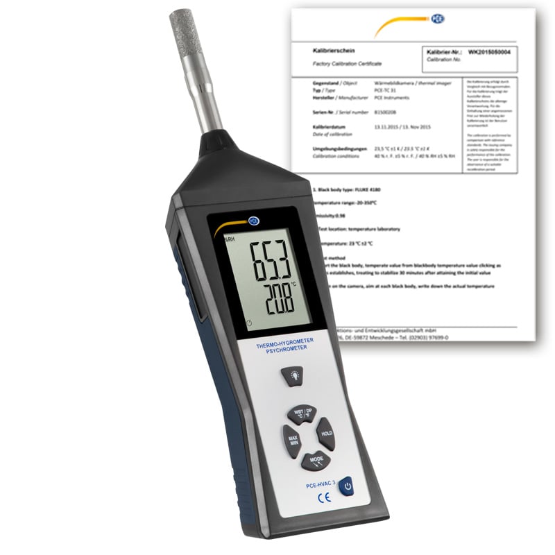 Termohigrómetro PCE-HVAC 3S com certificado de calibração ISO incluído.
