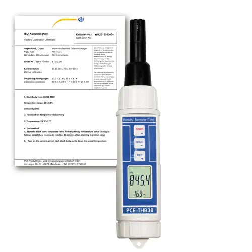 Termohigrómetro PCE-THB 38-ICA com certificado de calibração ISO incluído.