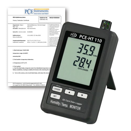Termohigrómetro PCE-HT110-ICA com certificado de calibração ISO incluído.
