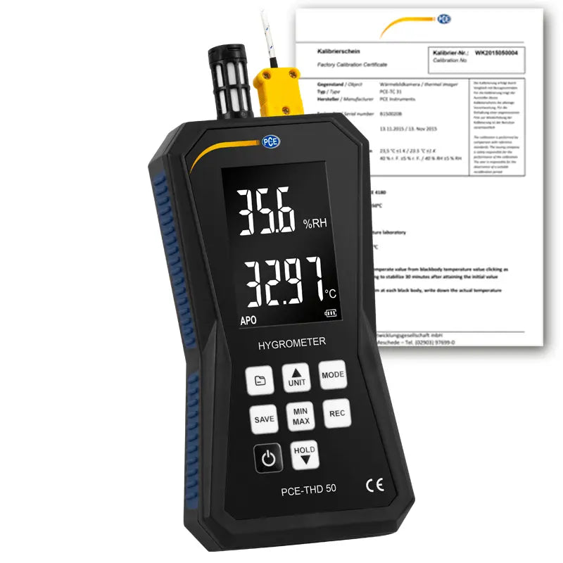 Termohigrómetro PCE-THD 50-ICA com certificado de calibração ISO incluído.