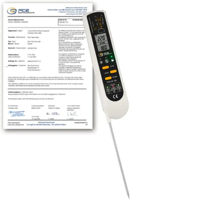 Termómetro alimentar PCE-IR 100-ICA com certificado de calibração ISO incluído.