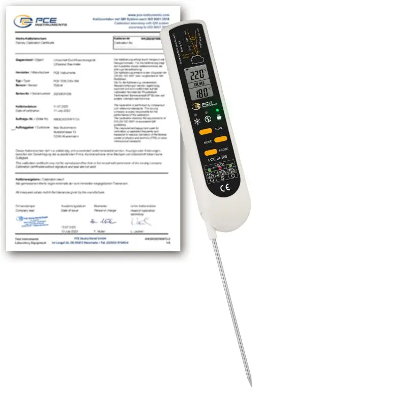 Termómetro alimentar PCE-IR 100-ICA com certificado de calibração ISO incluído.