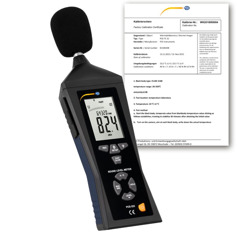 Medidor de nível sonoro Bluetooth PCE-323-ICA com certificado de calibração ISO incluído.