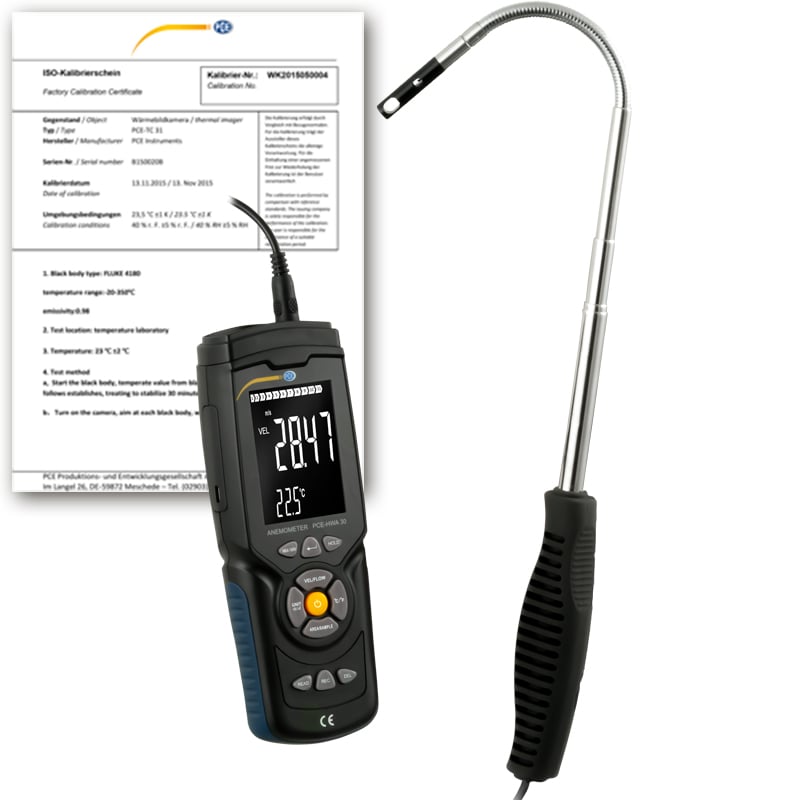 Anemómetro PCE-HWA 30-ICA com sonda térmica, incluindo certificado de calibração ISO.