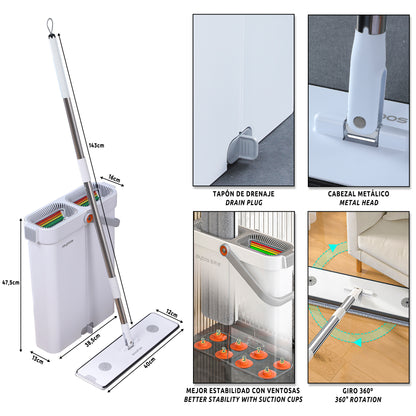 Set de mopa plana de microfibra y cubeta escurridora joybos