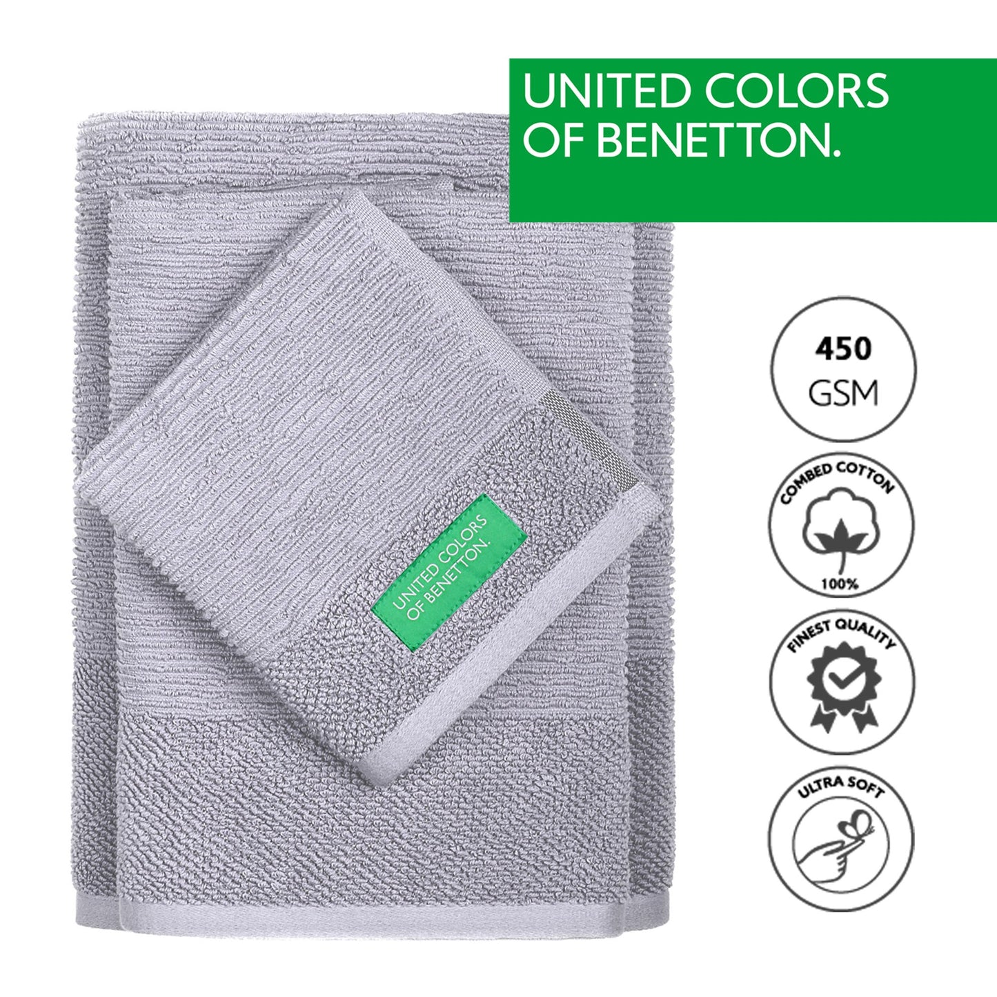 Set de 3 Toallas Benetton de Algodón 450GSM: Toalla Tocador, Lavabo y Baño. Ultra suaves, Absorbentes y Duraderas