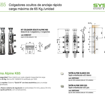 Syskor 2 Juegos Ajustable Cocina Colgador Oculto para Muebles Suspendidos Soporte para Colgar Armarios, la Carga: 65 Kg Placa + 2X Tapas Blancas