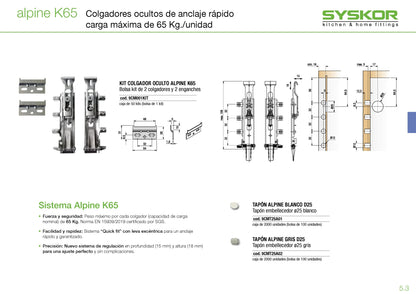 Syskor 2 Juegos Ajustable Cocina Colgador Oculto para Muebles Suspendidos Soporte para Colgar Armarios, la Carga: 65 Kg Placa + 2X Tapas Blancas