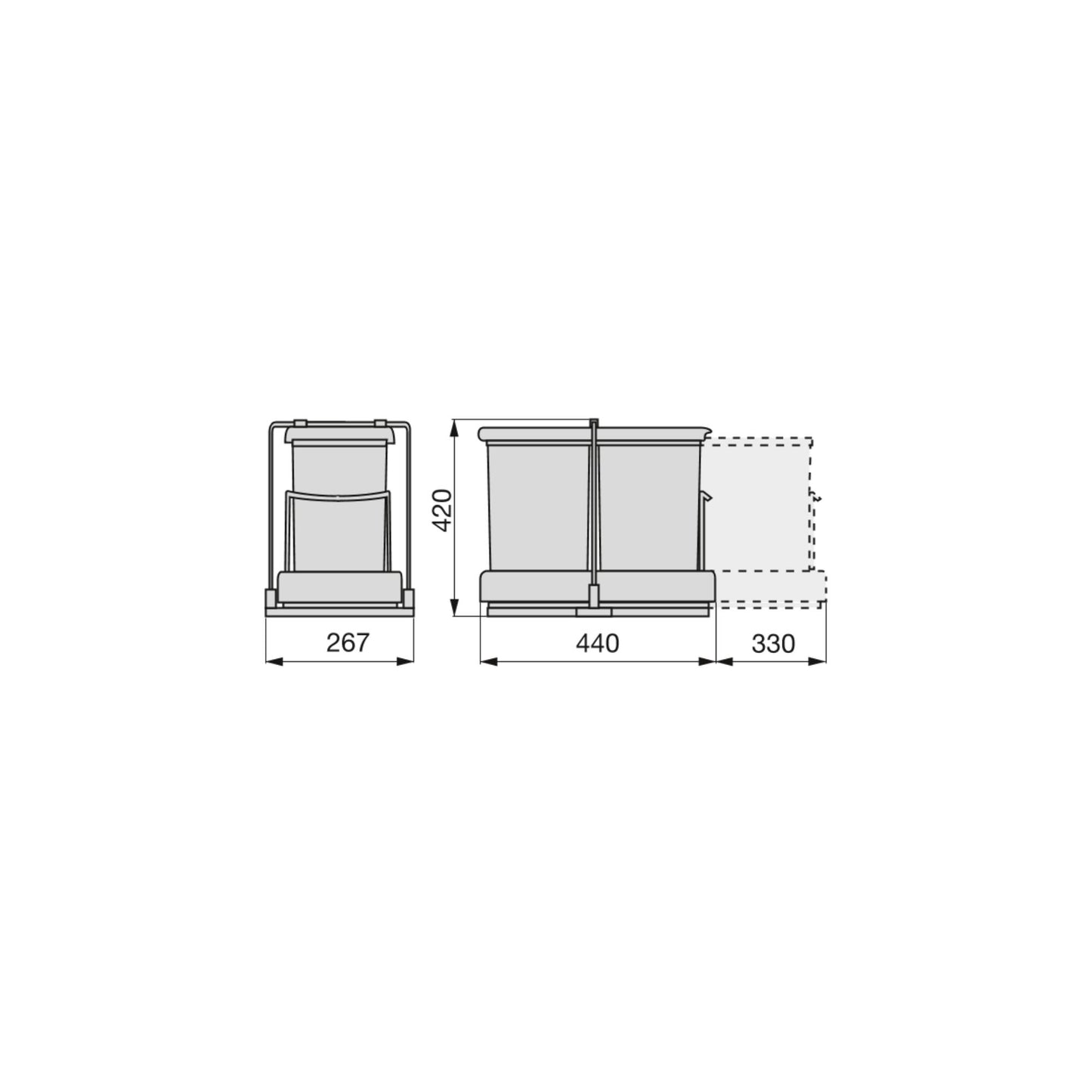 Emuca Recycling container for lower fixing and automatic extraction in kitchen furniture 2x14 litres, Grey plastic